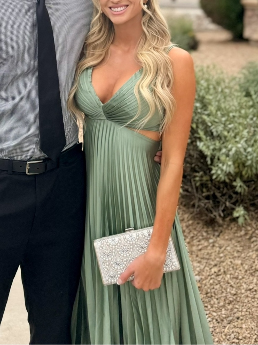 Abercrombie & Fitch Sage Green Pleated Cutout Maxi Dress